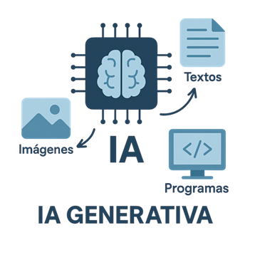 Infografía que explica cómo la IA generativa crea textos, imágenes y programas a partir de una petición del usuario